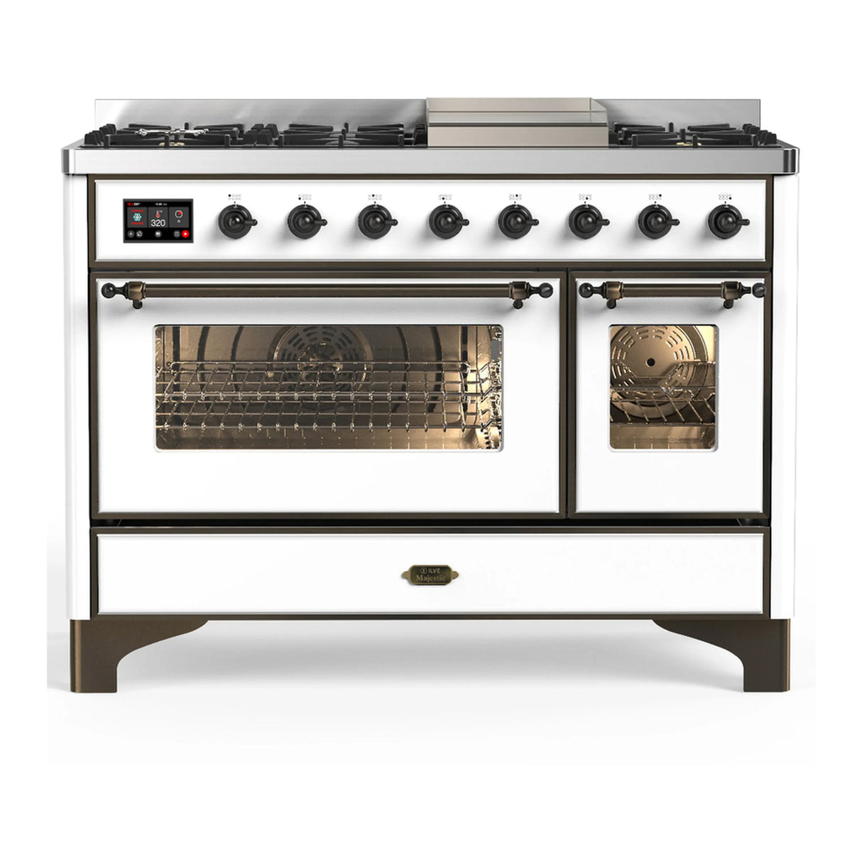ILVE Majestic III 48-inch Dual Fuel Range with 5 Liquid Propane Burner, Griddle and Triple Glass Door Electric Oven in White with Burnished Trim (UM48FNR3WHBLP)