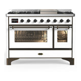 ILVE Majestic III 48-inch Dual Fuel Range with 5 Liquid Propane Burner, Griddle and Triple Glass Door Electric Oven in White with Burnished Trim (UM48FNR3WHBLP)