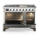 ILVE Majestic III 48-inch Dual Fuel Range with 5 Natural Gas Burner, Griddle and Triple Glass Door Electric Oven in White with Burnished Trim (UM48FNR3WHB)