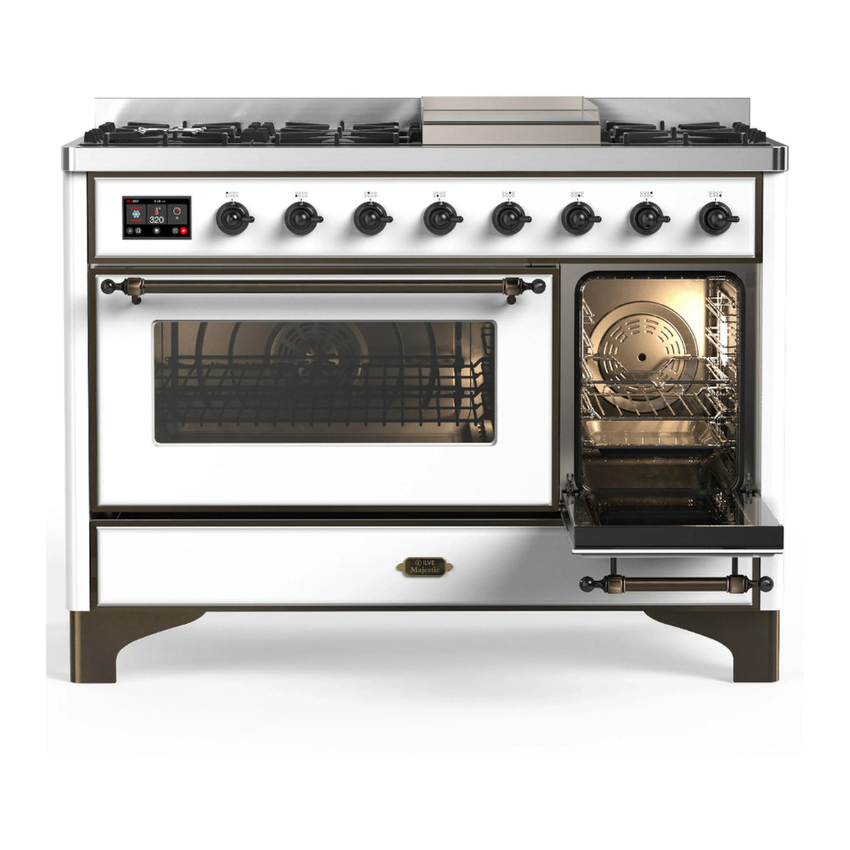 ILVE Majestic III 48-inch Dual Fuel Range with 5 Liquid Propane Burner, Griddle and Triple Glass Door Electric Oven in White with Burnished Trim (UM48FNR3WHBLP)