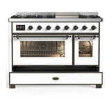 ILVE Majestic III 48-inch Dual Fuel Range with 5 Natural Gas Burner, Griddle and Triple Glass Door Electric Oven in White with Burnished Trim (UM48FNR3WHB)