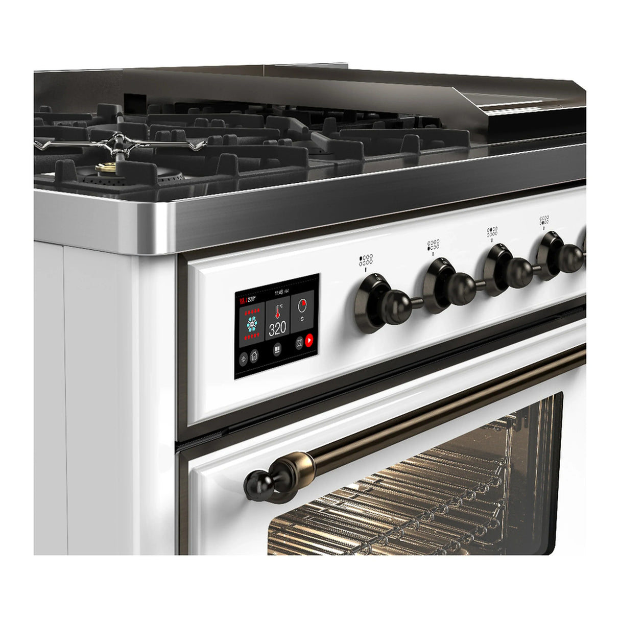 ILVE Majestic III 48-inch Dual Fuel Range with 5 Natural Gas Burner, Griddle and Triple Glass Door Electric Oven in White with Burnished Trim (UM48FNR3WHB)