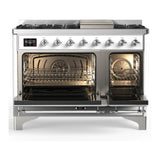ILVE Majestic III 48-inch Dual Fuel Range with 5 Natural Gas Burner, Griddle and Triple Glass Door Electric Oven in White with Chrome Trim (UM48FNR3WHC)