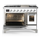 ILVE Majestic III 48-inch Dual Fuel Range with 5 Natural Gas Burner, Griddle and Triple Glass Door Electric Oven in White with Chrome Trim (UM48FNR3WHC)