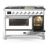 ILVE Majestic III 48-inch Dual Fuel Range with 5 Natural Gas Burner, Griddle and Triple Glass Door Electric Oven in White with Chrome Trim (UM48FNR3WHC)