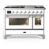 ILVE Majestic III 48-inch Dual Fuel Range with 5 Natural Gas Burner, Griddle and Triple Glass Door Electric Oven in White with Chrome Trim (UM48FNR3WHC)