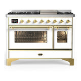 ILVE Majestic III 48-inch Dual Fuel Range with 5 Natural Gas Burner, Griddle and Triple Glass Door Electric Oven in White with Brass Trim (UM48FNR3WHG)