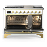 ILVE Majestic III 48-inch Dual Fuel Range with 5 Liquid Propane Burner, Griddle and Triple Glass Door Electric Oven in White with Brass Trim (UM48FNR3WHGLP)