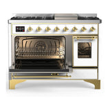 ILVE Majestic III 48-inch Dual Fuel Range with 5 Liquid Propane Burner, Griddle and Triple Glass Door Electric Oven in White with Brass Trim (UM48FNR3WHGLP)