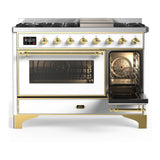 ILVE Majestic III 48-inch Dual Fuel Range with 5 Natural Gas Burner, Griddle and Triple Glass Door Electric Oven in White with Brass Trim (UM48FNR3WHG)