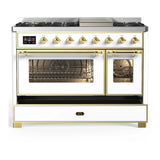 ILVE Majestic III 48-inch Dual Fuel Range with 5 Natural Gas Burner, Griddle and Triple Glass Door Electric Oven in White with Brass Trim (UM48FNR3WHG)