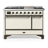 ILVE Majestic III 48-inch Dual Fuel Range with 5 Natural Gas Burner, Griddle and Solid Door Electric Oven in Antique White with Burnished Trim (UM48FQNR3AWB)