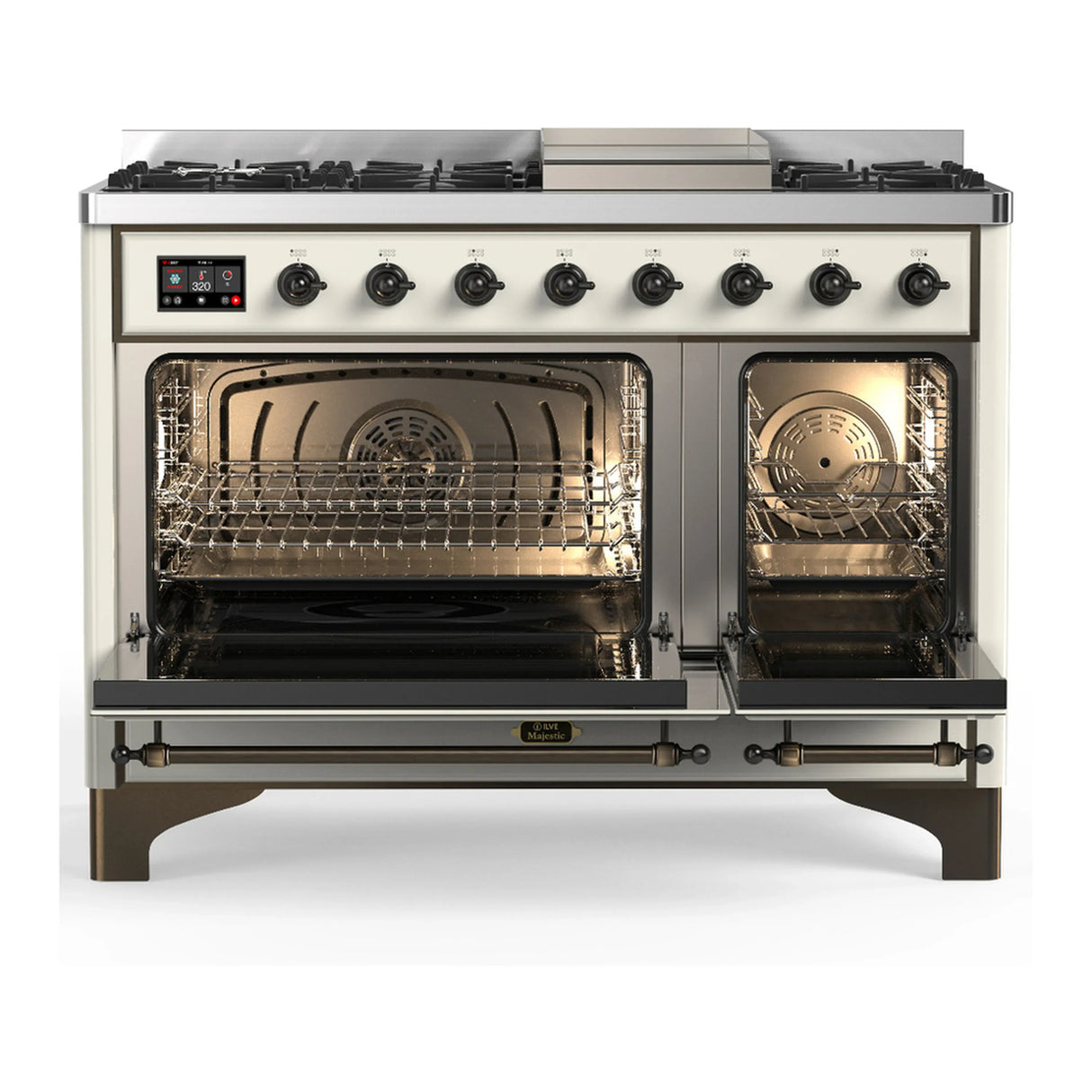 ILVE Majestic III 48-inch Dual Fuel Range with 5 Natural Gas Burner, Griddle and Solid Door Electric Oven in Antique White with Burnished Trim (UM48FQNR3AWB)