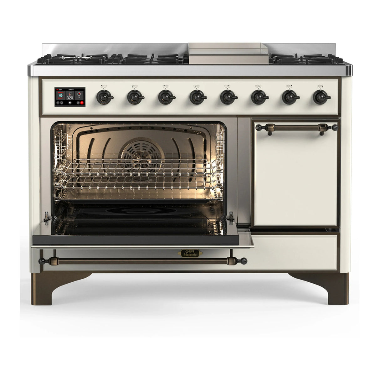 ILVE Majestic III 48-inch Dual Fuel Range with 5 Natural Gas Burner, Griddle and Solid Door Electric Oven in Antique White with Burnished Trim (UM48FQNR3AWB)