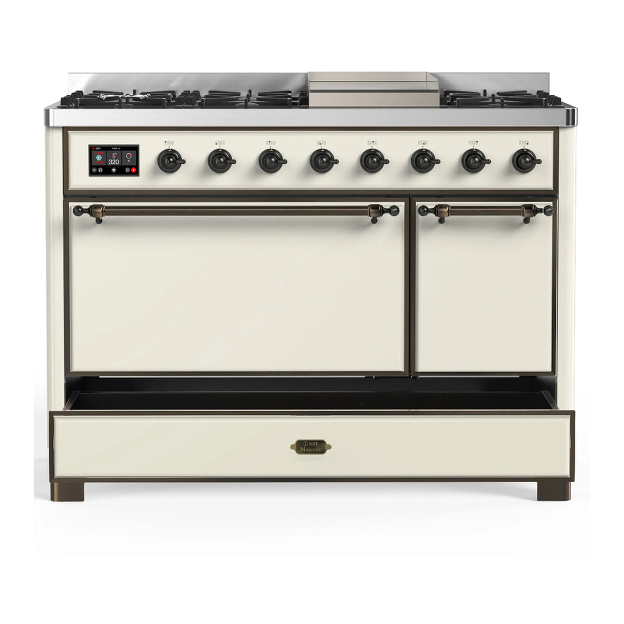 ILVE Majestic III 48-inch Dual Fuel Range with 5 Natural Gas Burner, Griddle and Solid Door Electric Oven in Antique White with Burnished Trim (UM48FQNR3AWB)