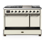 ILVE Majestic III 48-inch Dual Fuel Range with 5 Natural Gas Burner, Griddle and Solid Door Electric Oven in Antique White with Burnished Trim (UM48FQNR3AWB)