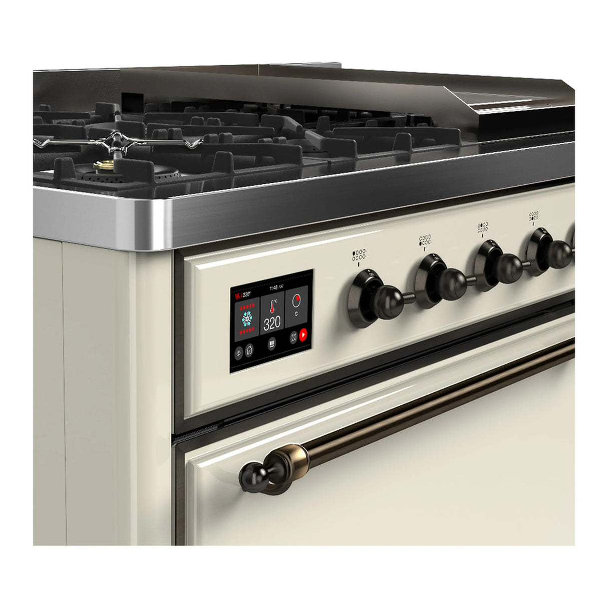 ILVE Majestic III 48-inch Dual Fuel Range with 5 Natural Gas Burner, Griddle and Solid Door Electric Oven in Antique White with Burnished Trim (UM48FQNR3AWB)