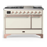 ILVE Majestic III 48-inch Dual Fuel Range with 5 Liquid Propane Burner, Griddle and Solid Door Electric Oven in Antique White with Copper Trim (UM48FQNR3AWPLP)