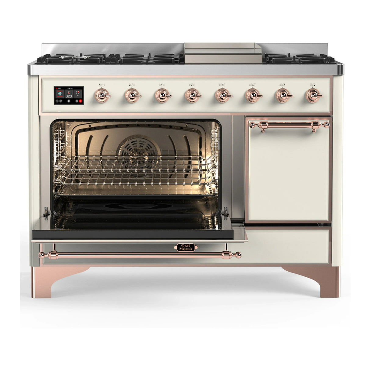 ILVE Majestic III 48-inch Dual Fuel Range with 5 Liquid Propane Burner, Griddle and Solid Door Electric Oven in Antique White with Copper Trim (UM48FQNR3AWPLP)