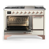 ILVE Majestic III 48-inch Dual Fuel Range with 5 Liquid Propane Burner, Griddle and Solid Door Electric Oven in Antique White with Copper Trim (UM48FQNR3AWPLP)