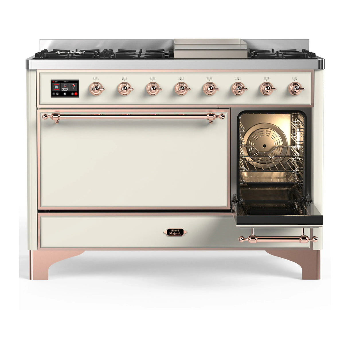 ILVE Majestic III 48-inch Dual Fuel Range with 5 Liquid Propane Burner, Griddle and Solid Door Electric Oven in Antique White with Copper Trim (UM48FQNR3AWPLP)