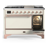 ILVE Majestic III 48-inch Dual Fuel Range with 5 Liquid Propane Burner, Griddle and Solid Door Electric Oven in Antique White with Copper Trim (UM48FQNR3AWPLP)