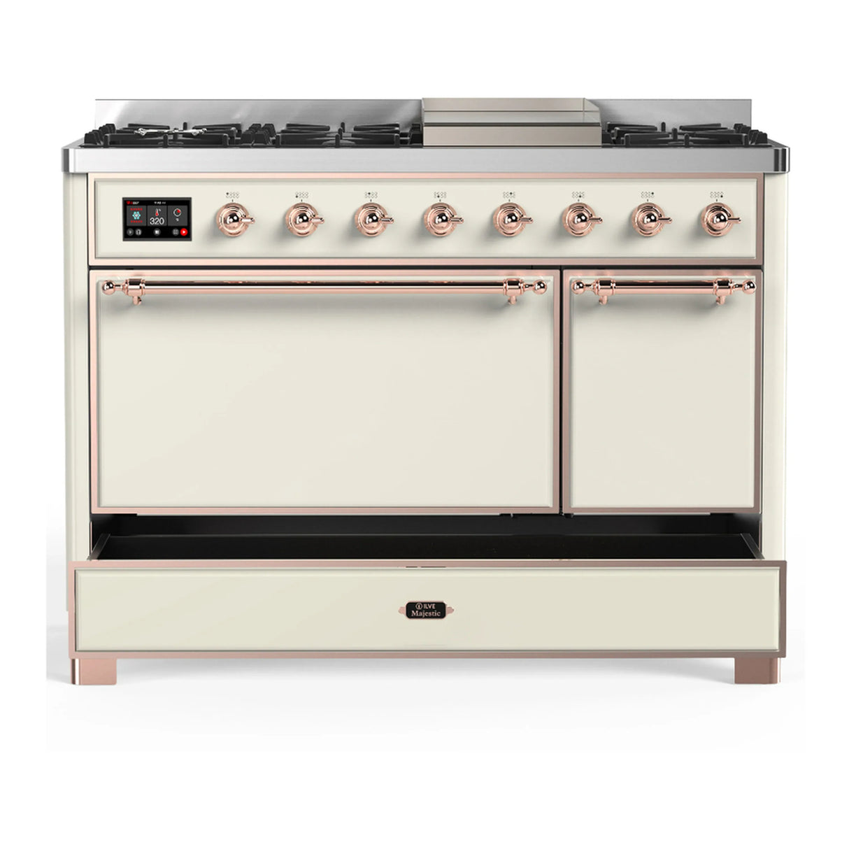 ILVE Majestic III 48-inch Dual Fuel Range with 5 Liquid Propane Burner, Griddle and Solid Door Electric Oven in Antique White with Copper Trim (UM48FQNR3AWPLP)