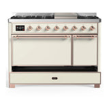 ILVE Majestic III 48-inch Dual Fuel Range with 5 Liquid Propane Burner, Griddle and Solid Door Electric Oven in Antique White with Copper Trim (UM48FQNR3AWPLP)