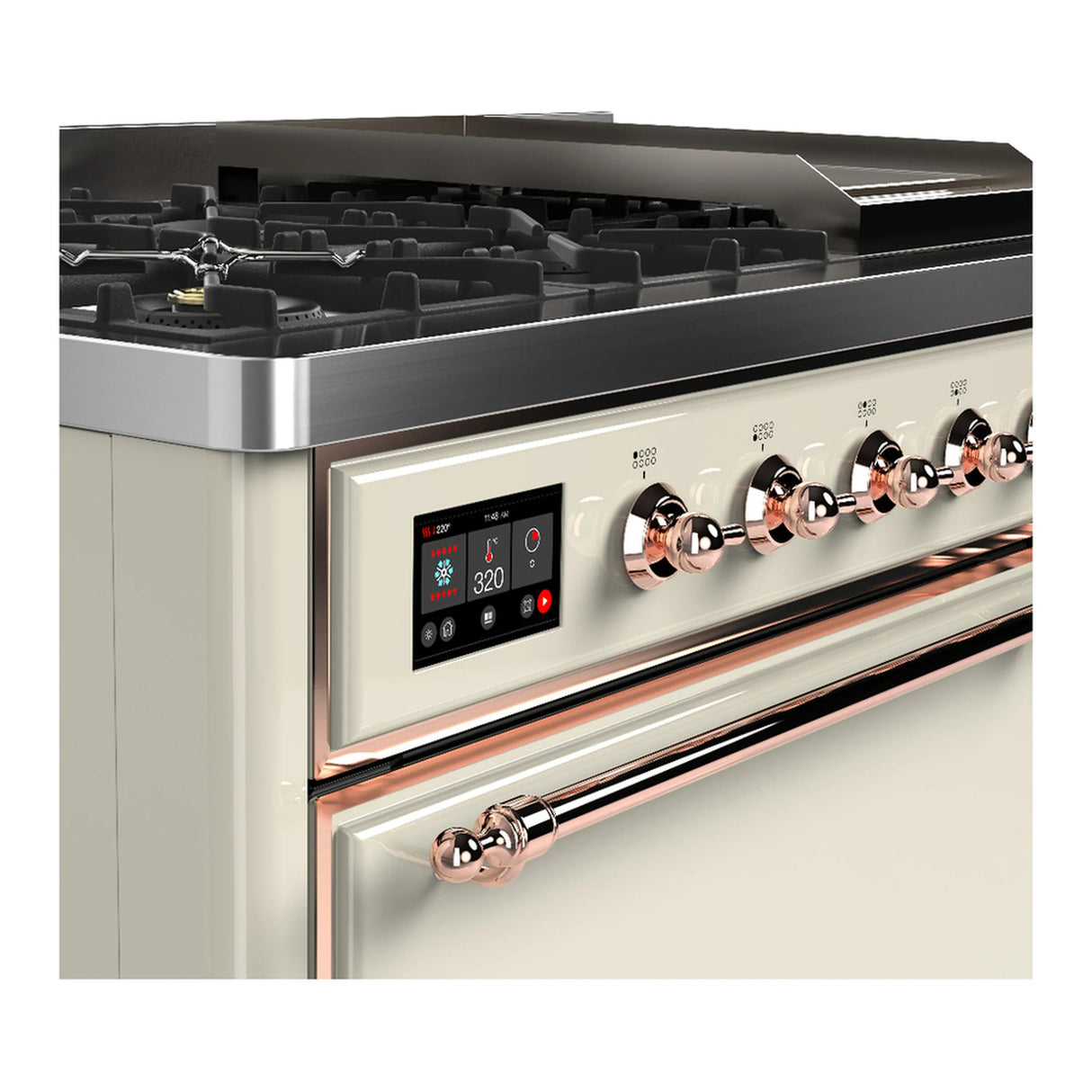 ILVE Majestic III 48-inch Dual Fuel Range with 5 Liquid Propane Burner, Griddle and Solid Door Electric Oven in Antique White with Copper Trim (UM48FQNR3AWPLP)