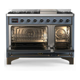 ILVE Majestic III 48-inch Dual Fuel Range with 5 Natural Gas Burner, Griddle and Solid Door Electric Oven in Blue Grey with Burnished Trim (UM48FQNR3BGB)