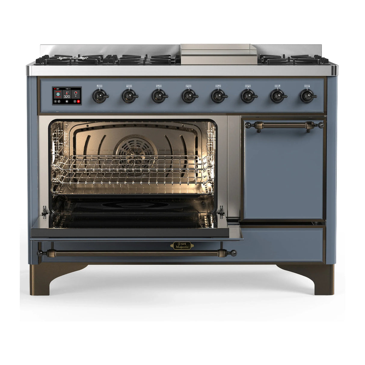 ILVE Majestic III 48-inch Dual Fuel Range with 5 Natural Gas Burner, Griddle and Solid Door Electric Oven in Blue Grey with Burnished Trim (UM48FQNR3BGB)