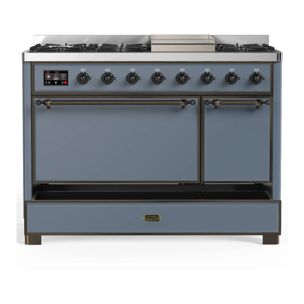 ILVE Majestic III 48-inch Dual Fuel Range with 5 Natural Gas Burner, Griddle and Solid Door Electric Oven in Blue Grey with Burnished Trim (UM48FQNR3BGB)