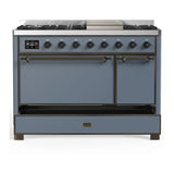 ILVE Majestic III 48-inch Dual Fuel Range with 5 Natural Gas Burner, Griddle and Solid Door Electric Oven in Blue Grey with Burnished Trim (UM48FQNR3BGB)