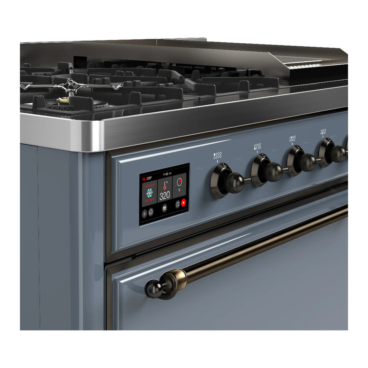 ILVE Majestic III 48-inch Dual Fuel Range with 5 Natural Gas Burner, Griddle and Solid Door Electric Oven in Blue Grey with Burnished Trim (UM48FQNR3BGB)