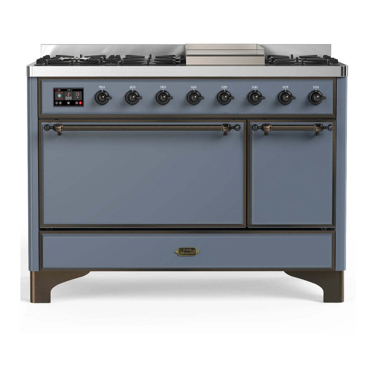 ILVE Majestic III 48-inch Dual Fuel Range with 5 Natural Gas Burner, Griddle and Solid Door Electric Oven in Blue Grey with Burnished Trim (UM48FQNR3BGB)