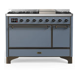 ILVE Majestic III 48-inch Dual Fuel Range with 5 Natural Gas Burner, Griddle and Solid Door Electric Oven in Blue Grey with Burnished Trim (UM48FQNR3BGB)