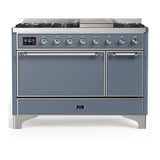 ILVE Majestic III 48-inch Dual Fuel Range with 5 Liquid Propane Burner, Griddle and Solid Door Electric Oven in Blue Grey with Chrome Trim (UM48FQNR3BGCLP)