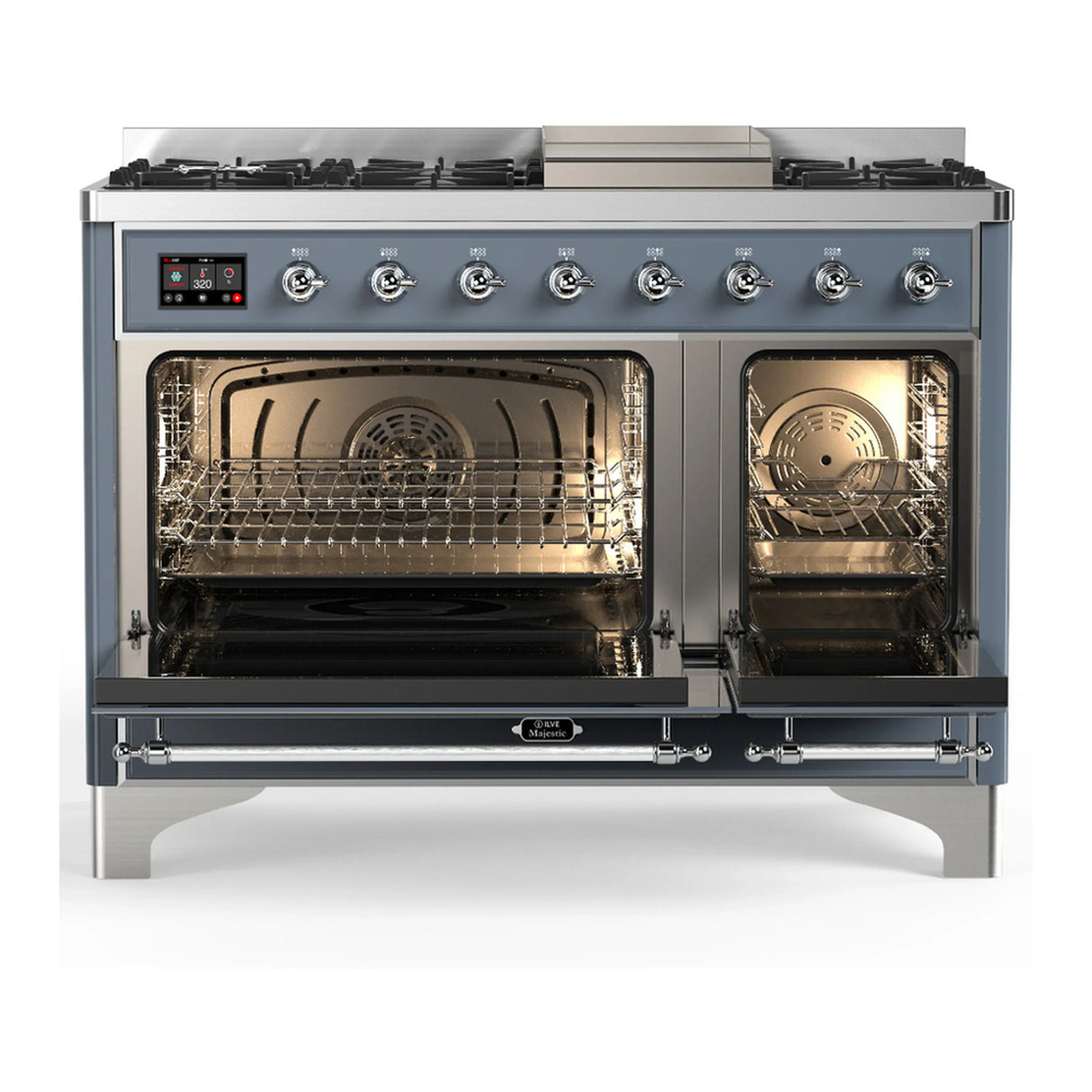 ILVE Majestic III 48-inch Dual Fuel Range with 5 Liquid Propane Burner, Griddle and Solid Door Electric Oven in Blue Grey with Chrome Trim (UM48FQNR3BGCLP)