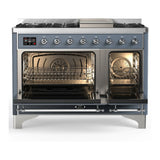 ILVE Majestic III 48-inch Dual Fuel Range with 5 Liquid Propane Burner, Griddle and Solid Door Electric Oven in Blue Grey with Chrome Trim (UM48FQNR3BGCLP)