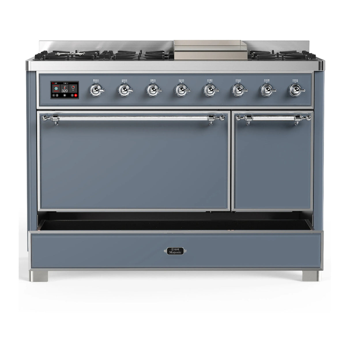 ILVE Majestic III 48-inch Dual Fuel Range with 5 Liquid Propane Burner, Griddle and Solid Door Electric Oven in Blue Grey with Chrome Trim (UM48FQNR3BGCLP)