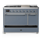 ILVE Majestic III 48-inch Dual Fuel Range with 5 Liquid Propane Burner, Griddle and Solid Door Electric Oven in Blue Grey with Chrome Trim (UM48FQNR3BGCLP)