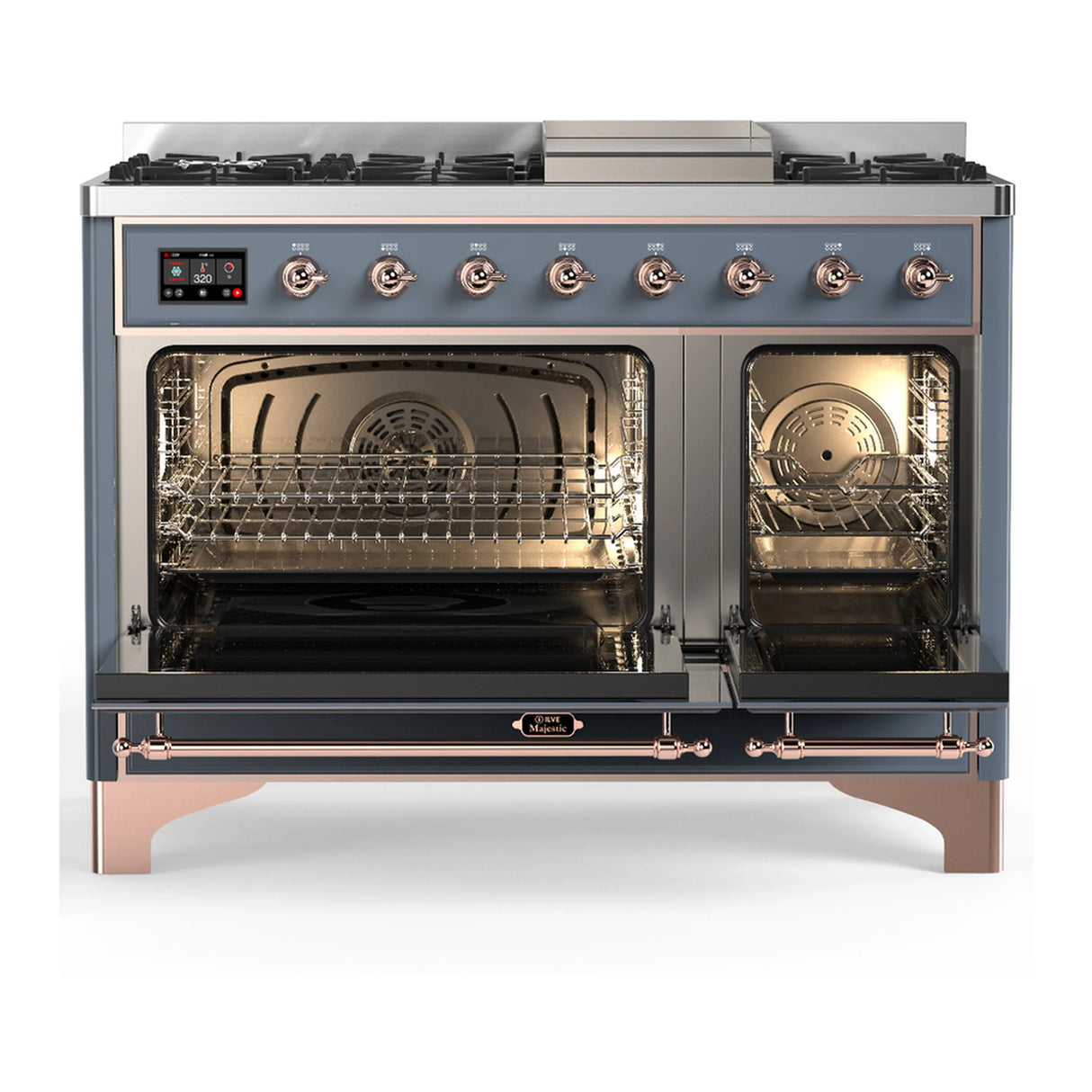 ILVE Majestic III 48-inch Dual Fuel Range with 5 Natural Gas Burner, Griddle and Solid Door Electric Oven in Blue Grey with Copper Trim (UM48FQNR3BGP)