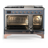 ILVE Majestic III 48-inch Dual Fuel Range with 5 Natural Gas Burner, Griddle and Solid Door Electric Oven in Blue Grey with Copper Trim (UM48FQNR3BGP)