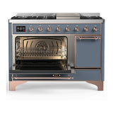 ILVE Majestic III 48-inch Dual Fuel Range with 5 Natural Gas Burner, Griddle and Solid Door Electric Oven in Blue Grey with Copper Trim (UM48FQNR3BGP)