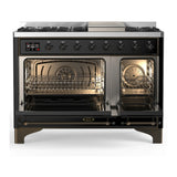 ILVE Majestic III 48-inch Dual Fuel Range with 5 Liquid Propane Burner, Griddle and Solid Door Electric Oven in Glossy Black with Burnished Trim (UM48FQNR3BKBLP)