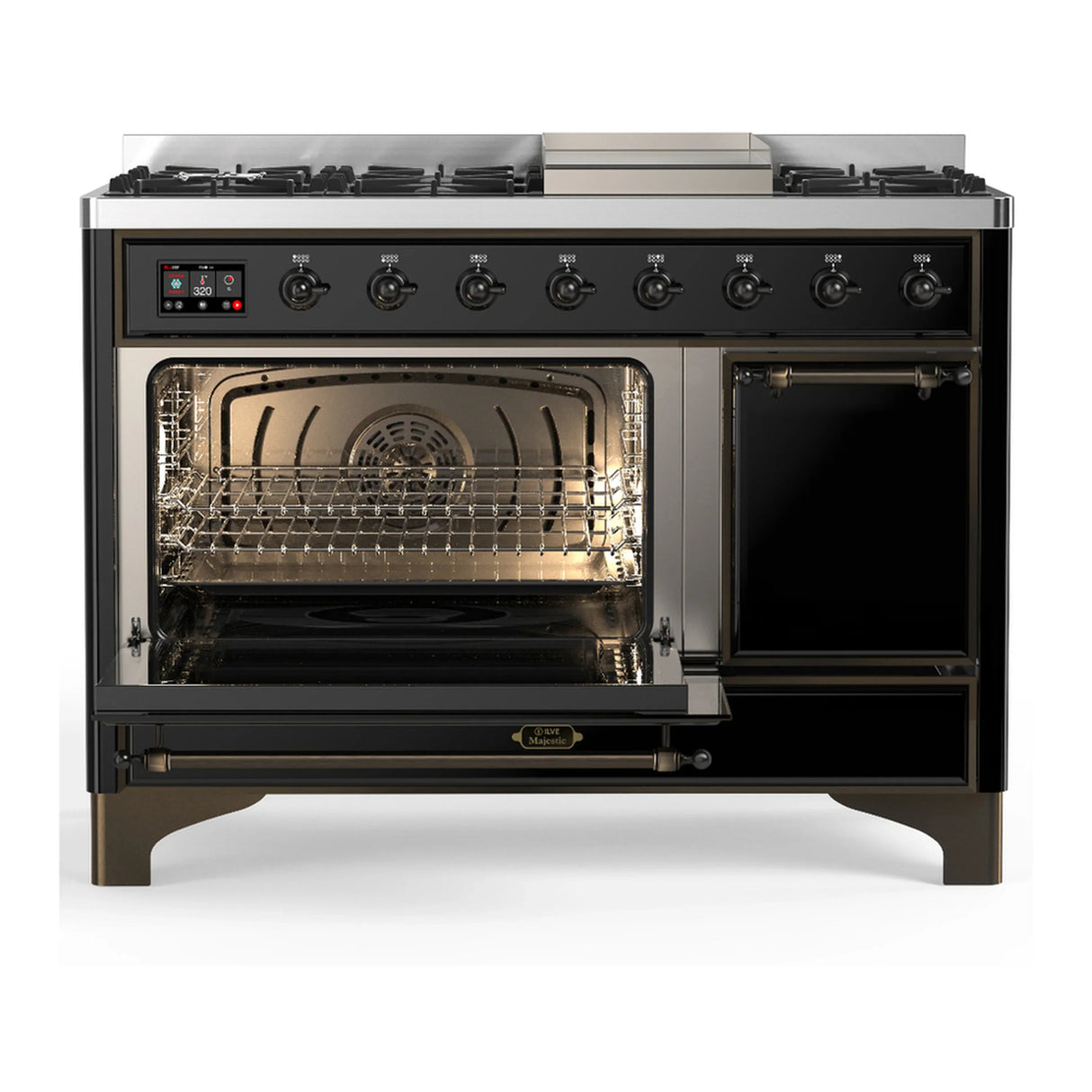 ILVE Majestic III 48-inch Dual Fuel Range with 5 Liquid Propane Burner, Griddle and Solid Door Electric Oven in Glossy Black with Burnished Trim (UM48FQNR3BKBLP)