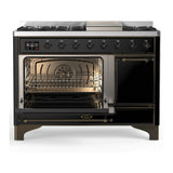 ILVE Majestic III 48-inch Dual Fuel Range with 5 Liquid Propane Burner, Griddle and Solid Door Electric Oven in Glossy Black with Burnished Trim (UM48FQNR3BKBLP)