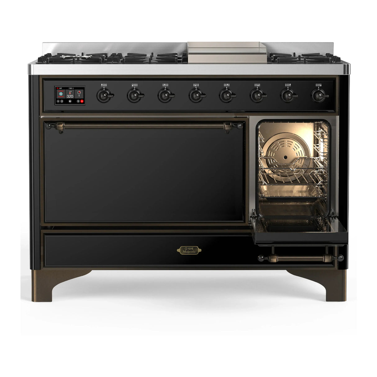 ILVE Majestic III 48-inch Dual Fuel Range with 5 Liquid Propane Burner, Griddle and Solid Door Electric Oven in Glossy Black with Burnished Trim (UM48FQNR3BKBLP)