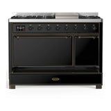 ILVE Majestic III 48-inch Dual Fuel Range with 5 Liquid Propane Burner, Griddle and Solid Door Electric Oven in Glossy Black with Burnished Trim (UM48FQNR3BKBLP)