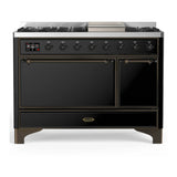ILVE Majestic III 48-inch Dual Fuel Range with 5 Liquid Propane Burner, Griddle and Solid Door Electric Oven in Glossy Black with Burnished Trim (UM48FQNR3BKBLP)